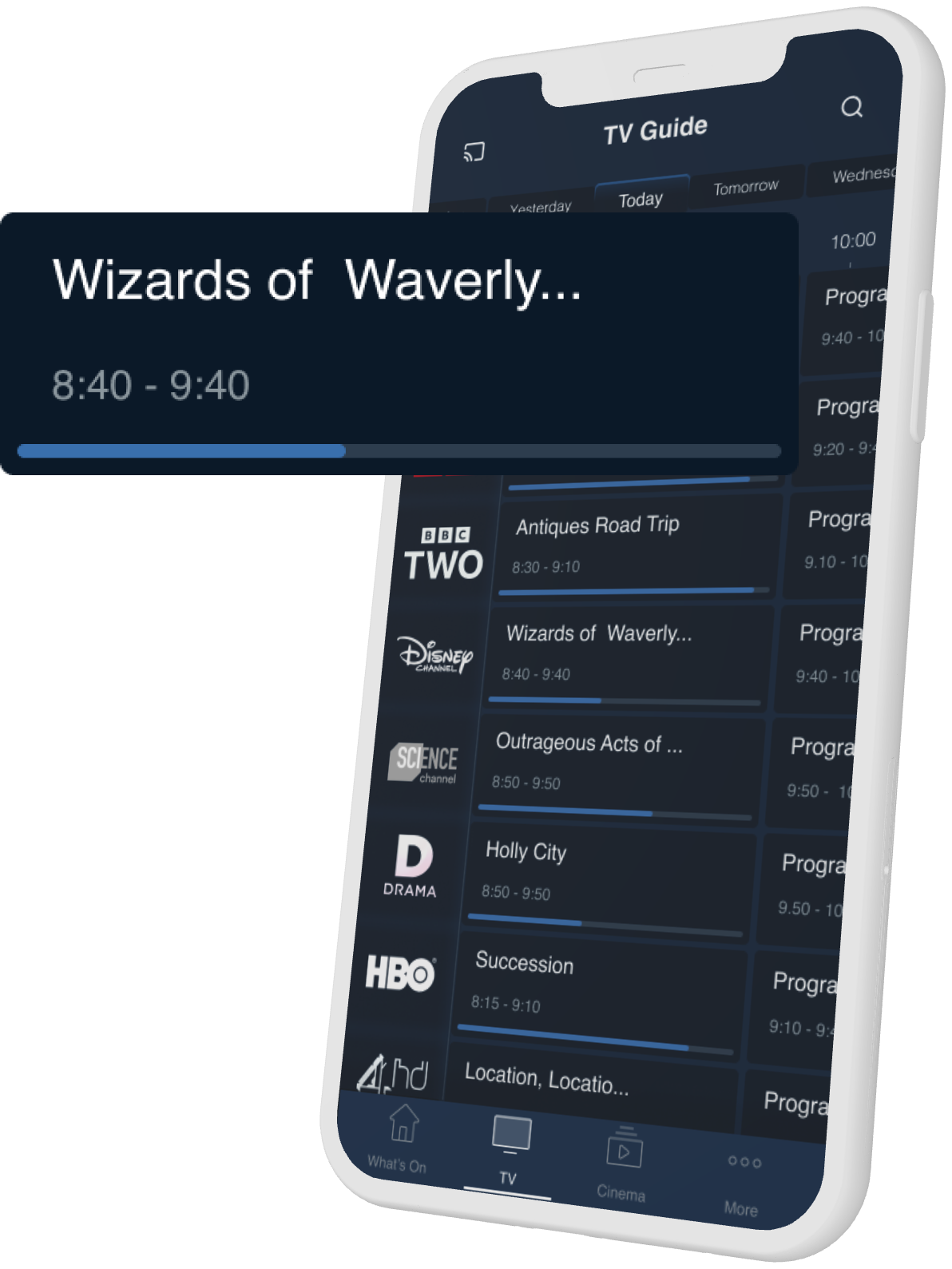Mobile EPG with uniform tile sizing showing consistent programme titles and air times